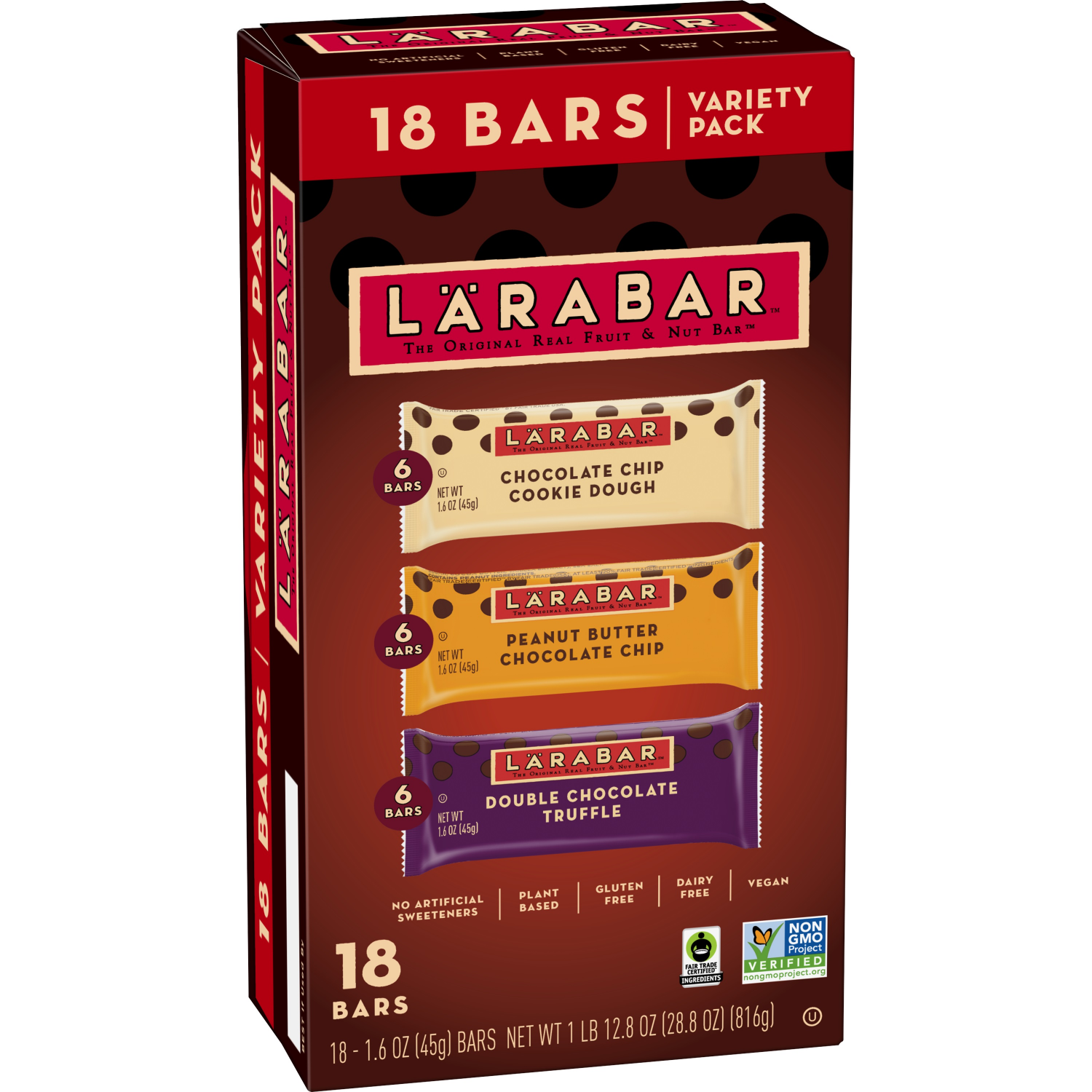 slide 4 of 5, LÄRABAR Chocolate Variety Pack, Fruit and Nut Bars, Gluten Free and Vegan, 28.8 oz, 18 Ct, 18 ct