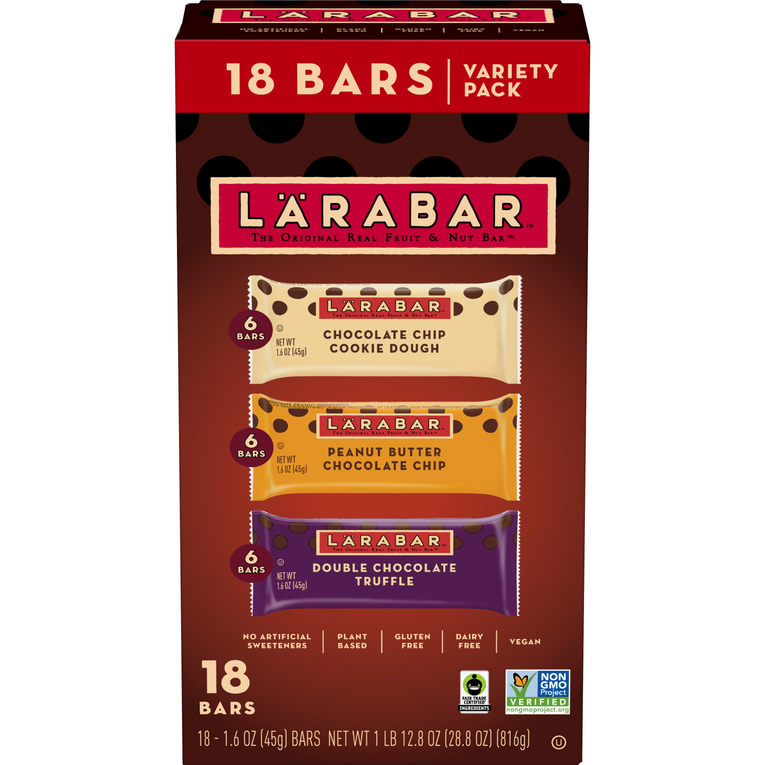 slide 1 of 5, LÄRABAR Chocolate Variety Pack, Fruit and Nut Bars, Gluten Free and Vegan, 28.8 oz, 18 Ct, 18 ct