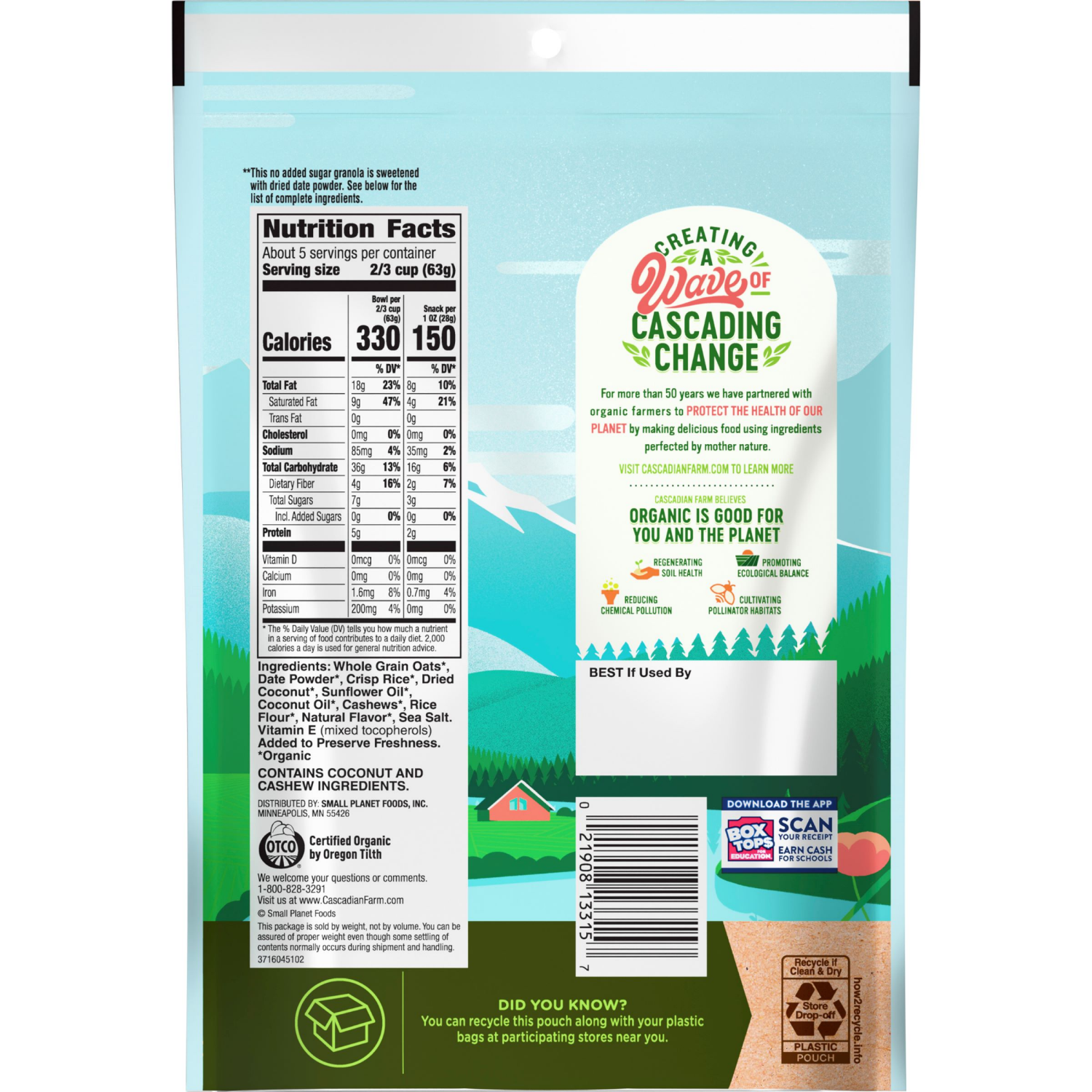 slide 2 of 4, Cascadian Farm Organic Granola with No Added Sugar, Coconut Cashew Cereal, Resealable Pouch, 11 oz., 11 oz