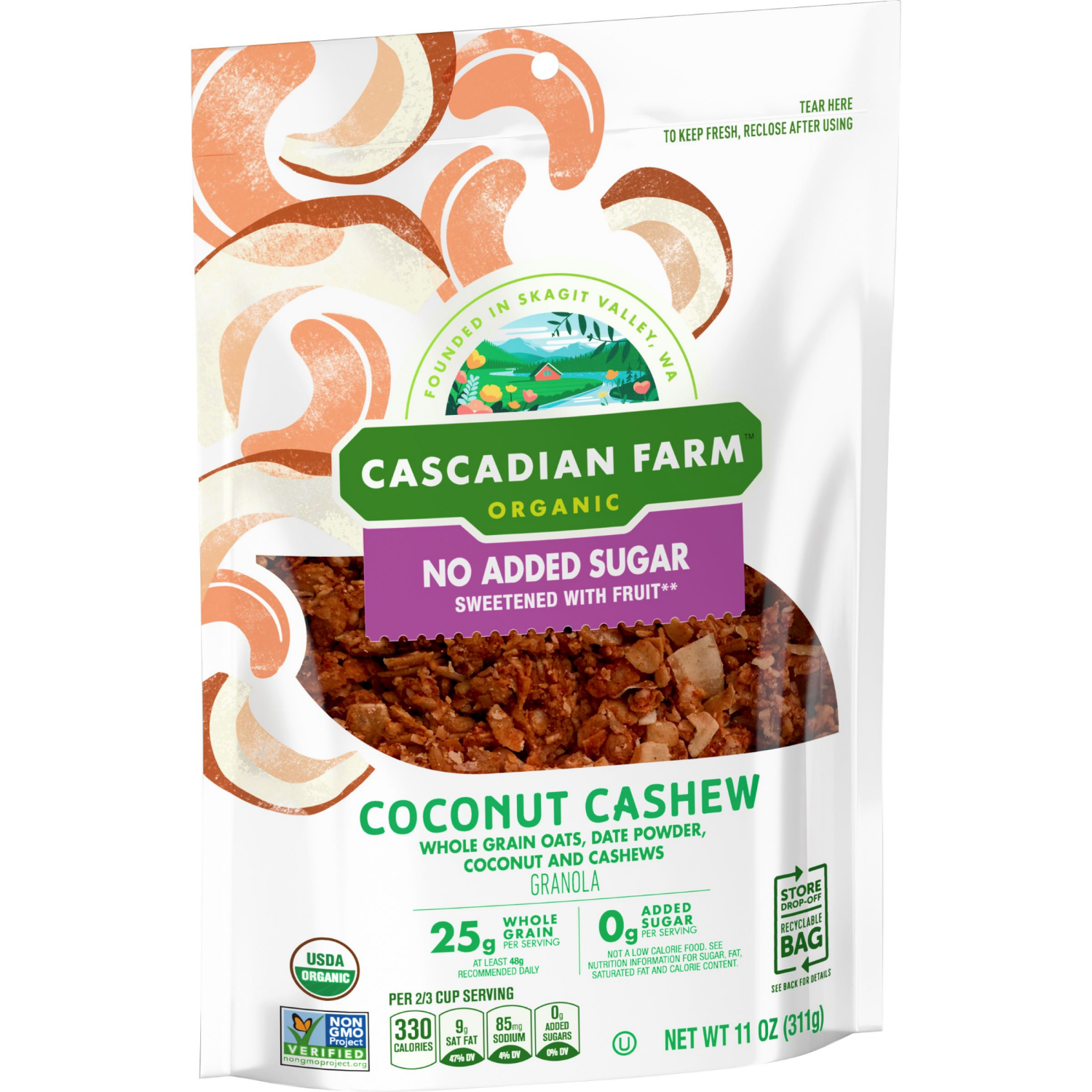 slide 3 of 4, Cascadian Farm Organic Granola with No Added Sugar, Coconut Cashew Cereal, Resealable Pouch, 11 oz., 11 oz