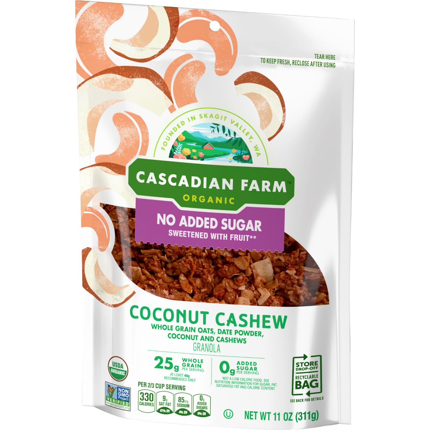 slide 4 of 4, Cascadian Farm Organic Granola with No Added Sugar, Coconut Cashew Cereal, Resealable Pouch, 11 oz., 11 oz