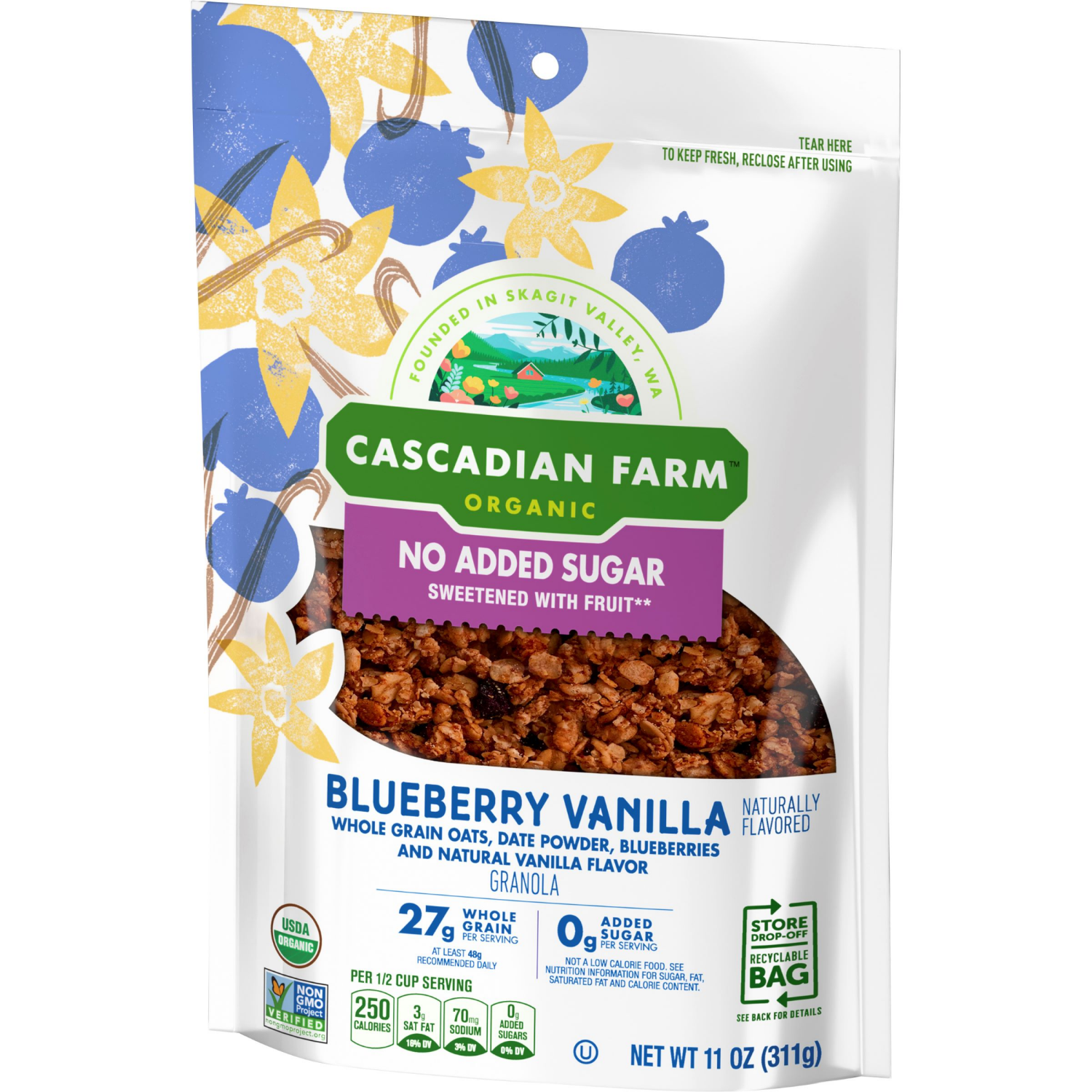 slide 4 of 4, Cascadian Farm Organic Granola, No Added Sugar, Blueberry Vanilla Cereal, Resealable Pouch, 11 oz, 11 oz