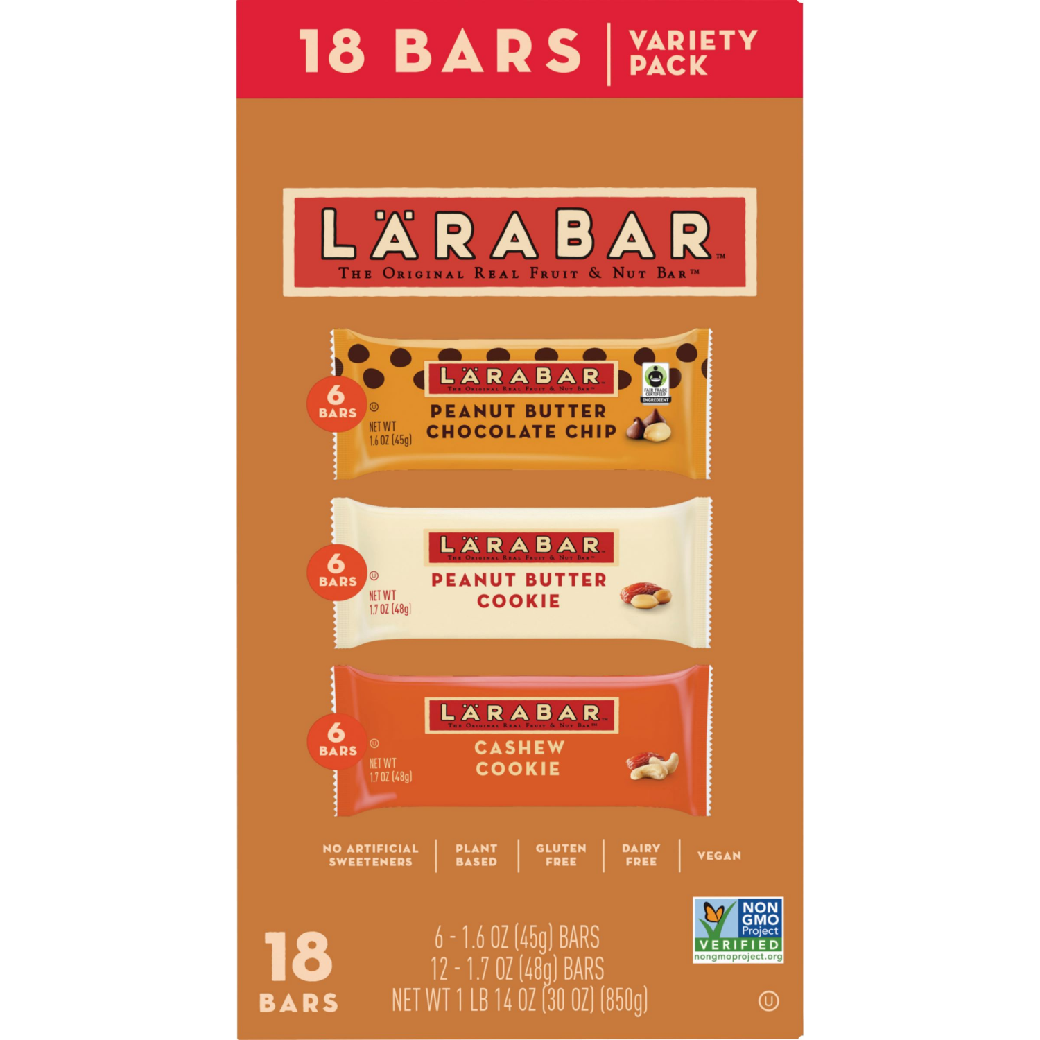 slide 2 of 2, LÄRABAR Variety Pack, Gluten Free Vegan Fruit & Nut Bars, 18 Bars, 1 lb 14 oz, 18 ct