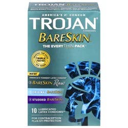 Trojan BareSkin Raw/Original/Studded Lubricated Latex Condoms 10 ea