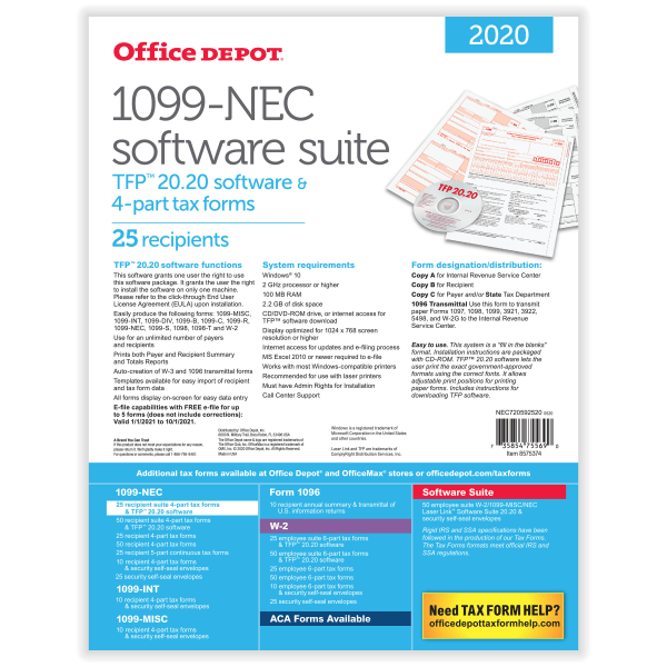 slide 2 of 4, Office Depot Brand 1099-Nec Laser Tax Forms With Software, 2-Up, 4-Part, 8-1/2'' X 11'', Pack Of 25 Forms, 25 ct