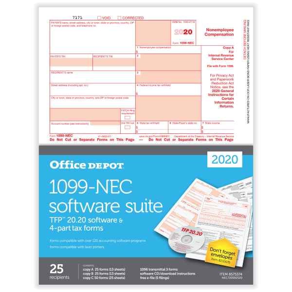 slide 1 of 4, Office Depot Brand 1099-Nec Laser Tax Forms With Software, 2-Up, 4-Part, 8-1/2'' X 11'', Pack Of 25 Forms, 25 ct