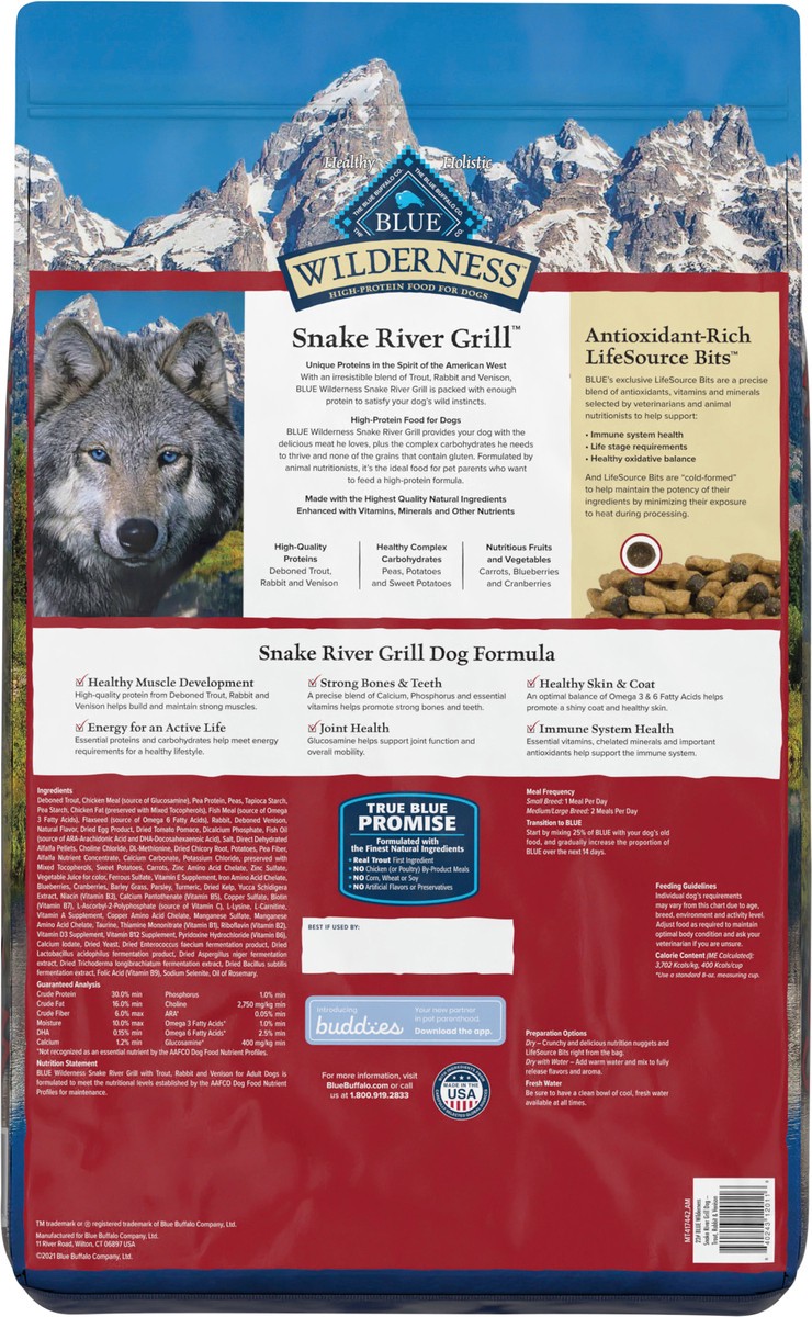 slide 8 of 12, Blue Buffalo Wilderness Snake River Grill High Protein, Natural Dry Dog Food with Trout, Venison & Rabbit 22-lb, 22 lb