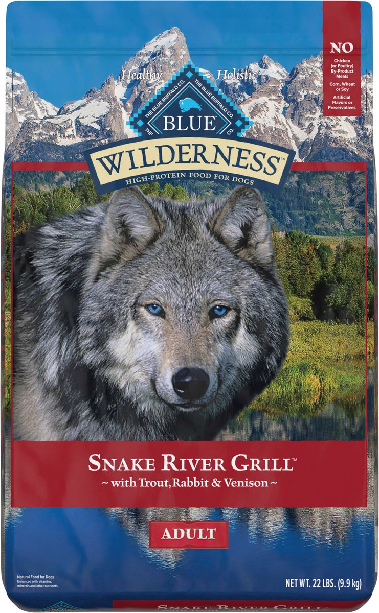 slide 4 of 12, Blue Buffalo Wilderness Snake River Grill High Protein, Natural Dry Dog Food with Trout, Venison & Rabbit 22-lb, 22 lb