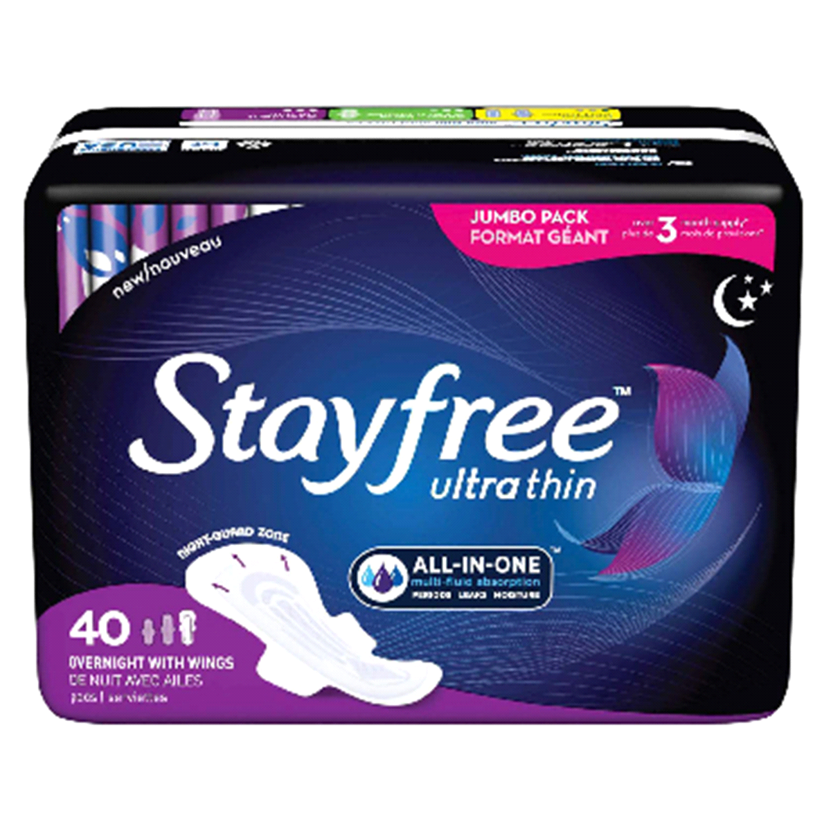 slide 1 of 5, Stayfree Ultra Thin Jumbo Pack Overnight Pads with Wings, 40 ct