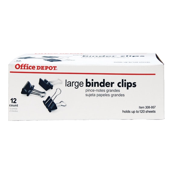 slide 1 of 1, Office Depot Brand Binder Clips, Large, 2'' Wide, 1'' Capacity, Black, Box Of 12, 12 ct