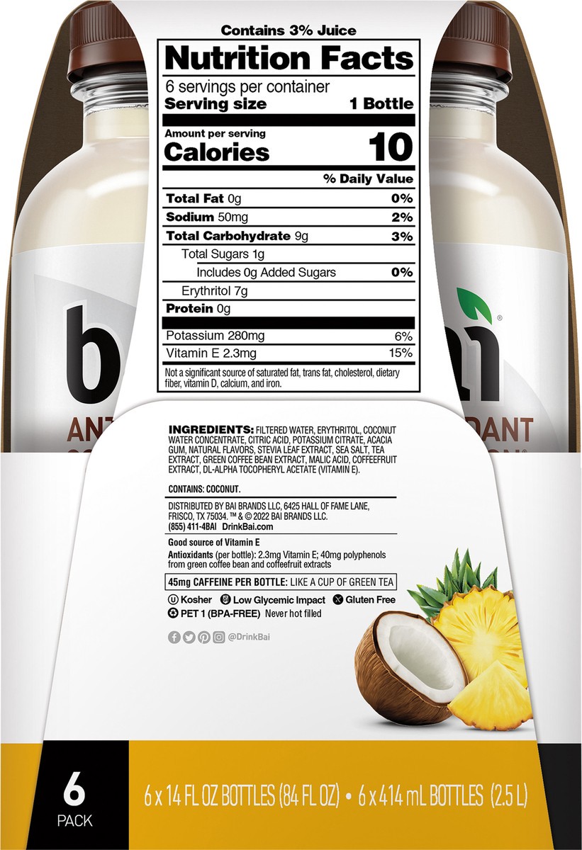 slide 7 of 11, Bai Cocofusions Puna Coconut Pineapple, Antioxidant Infused Beverage, 14 Fl Oz Bottles, 6 Pack, 1 ct