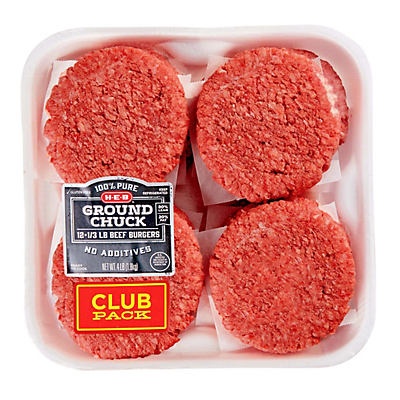 slide 1 of 1, H-E-B Ground Chuck 1/3 lb Beef Patties Club Pack, 12 ct