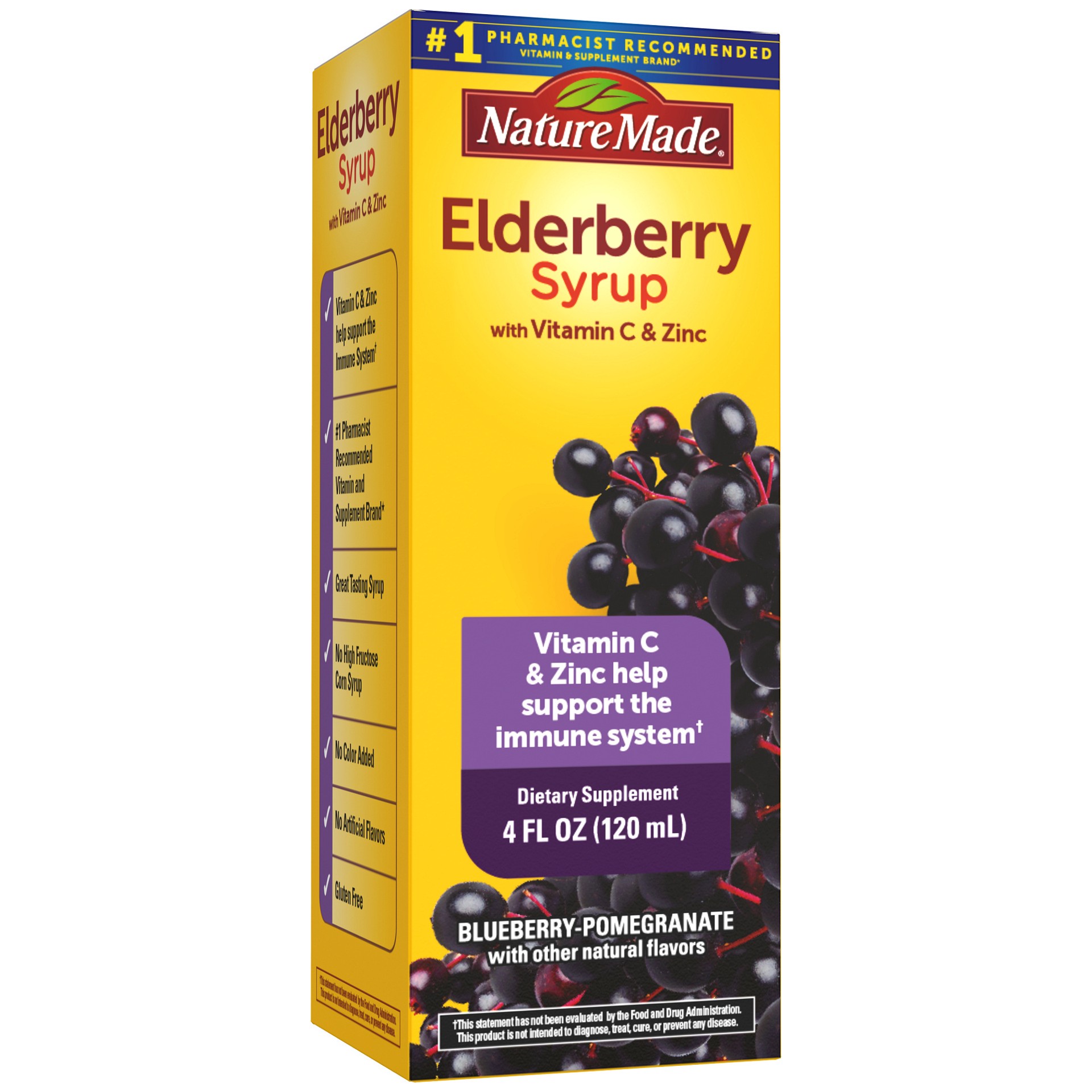 slide 1 of 5, Nature Made Black Elderberry Syrup with Zinc and Vitamin C, 4 oz bottle, Immune Support Help, Suitable for Vegetarians, Gluten Free, Natural Blueberry Pomegranate Flavor, 4 oz