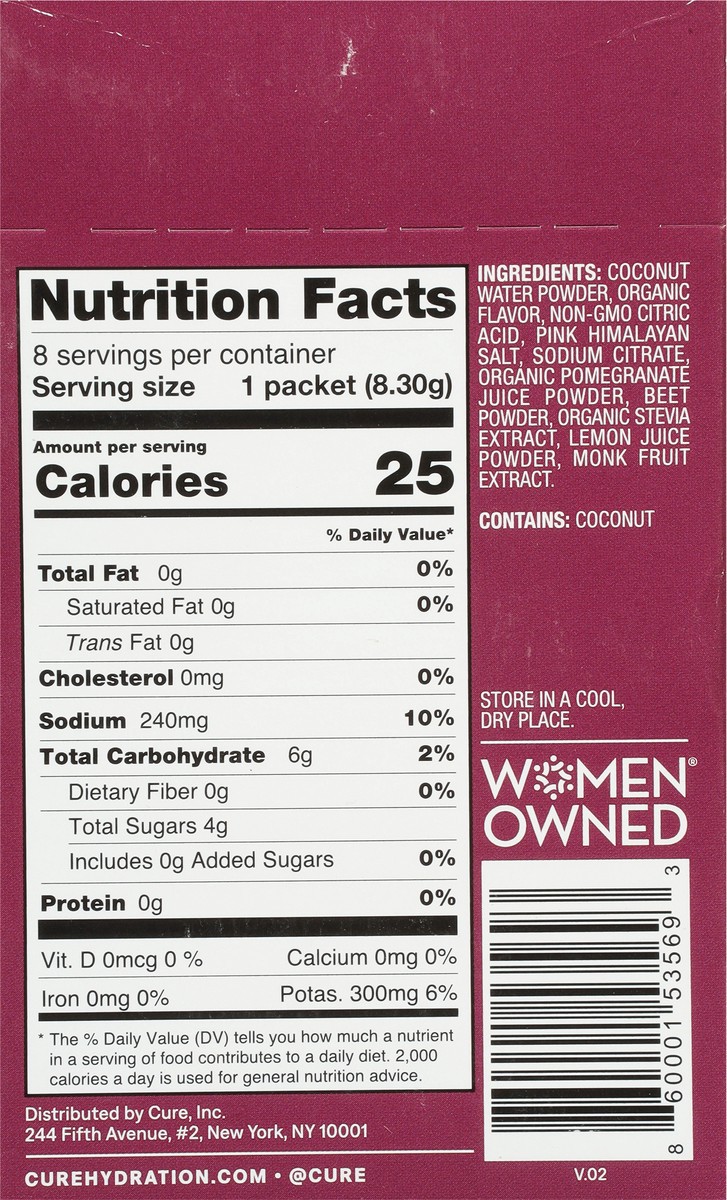 slide 2 of 11, CÜRE Hydrating Berry Pomegranate Electrolyte Drink Mix 8 - 0.29 oz Packets, 8 ct