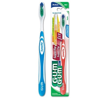 slide 1 of 1, G-U-M Super Tip Toothbrush, Full Medium with Bonus Tongue Cleaner, 2 ct