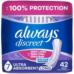 Always Discreet Adult Incontinence Pads for Women, Ultra Absorbency, Long Length, Postpartum Pads, 42 CT