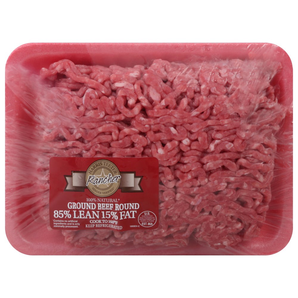 slide 1 of 2, Harris Teeter Rancher 85% Lean/15% Fat Round Ground Beef 1 ea, per lb