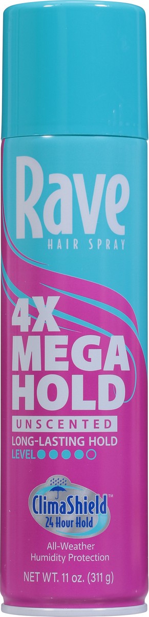 slide 5 of 9, Rave 4x Mega Hold Unscented Hair Spray 11 oz, 11 oz