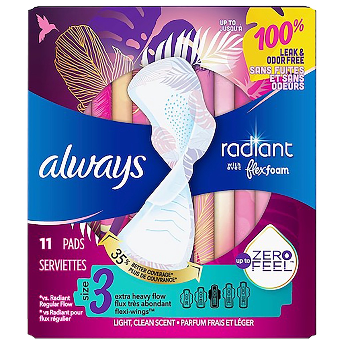 slide 1 of 2, Always Radiant Feminine Pads for Women, Size 3, Extra Heavy Flow, with wings, Scented, 11 CT, 11 ct