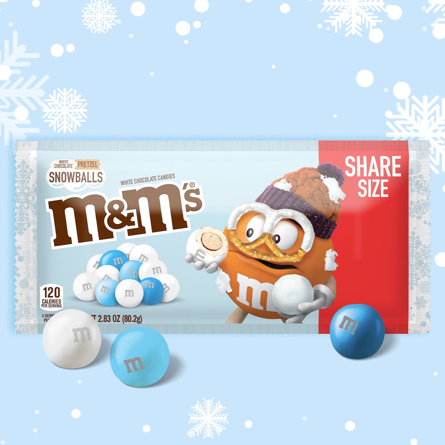 slide 3 of 5, M&M's Christmas White Chocolate Pretzel Snowballs Holiday Candy, Share Size, 2.83 oz Bag, 2.83 oz