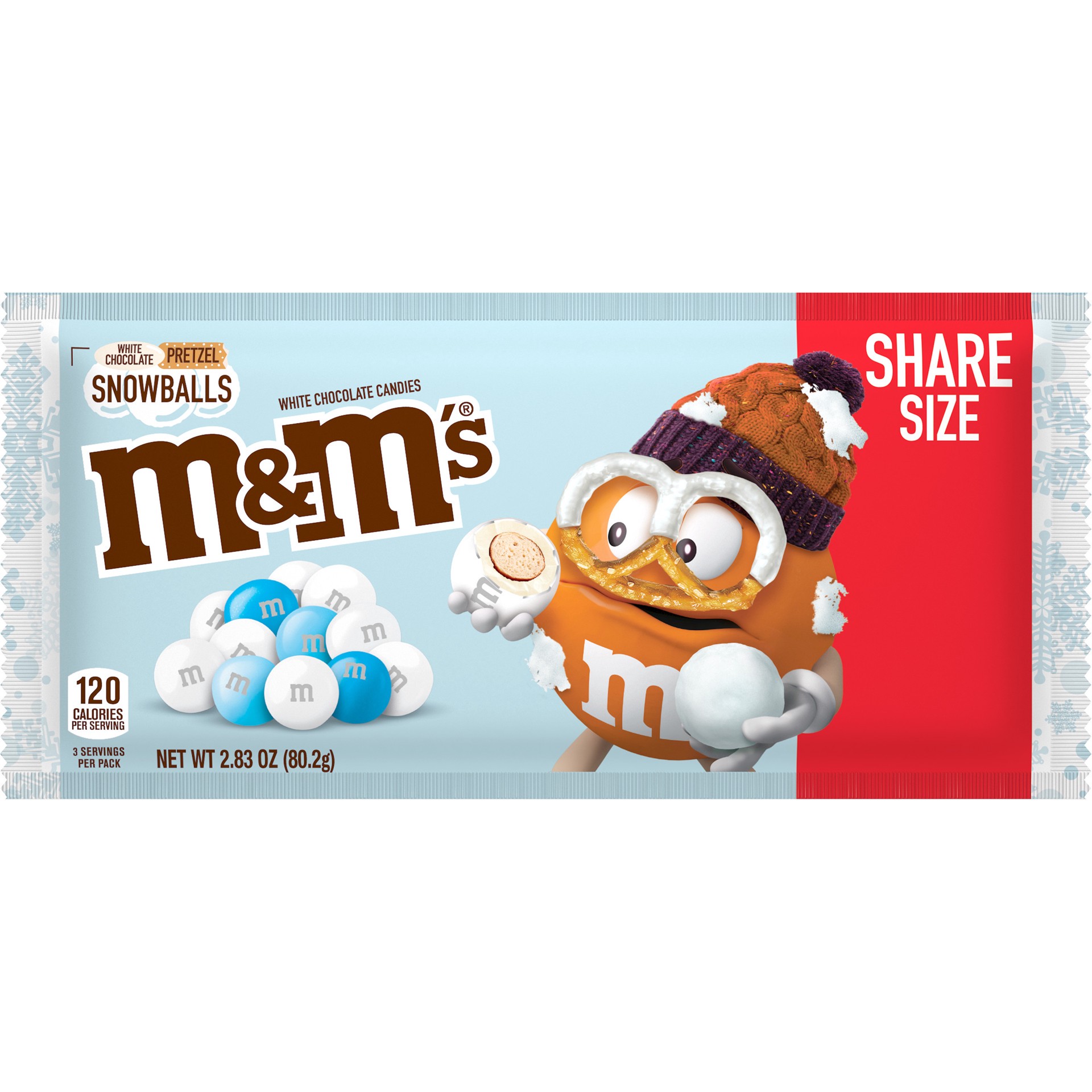 slide 1 of 5, M&M's Christmas White Chocolate Pretzel Snowballs Holiday Candy, Share Size, 2.83 oz Bag, 2.83 oz