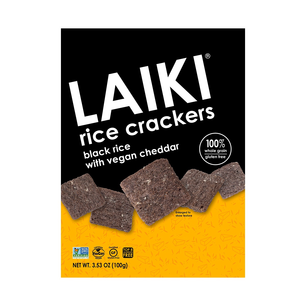 slide 1 of 1, Laiki Vegan Cheddar Black Rice Crackers, 3.53 oz