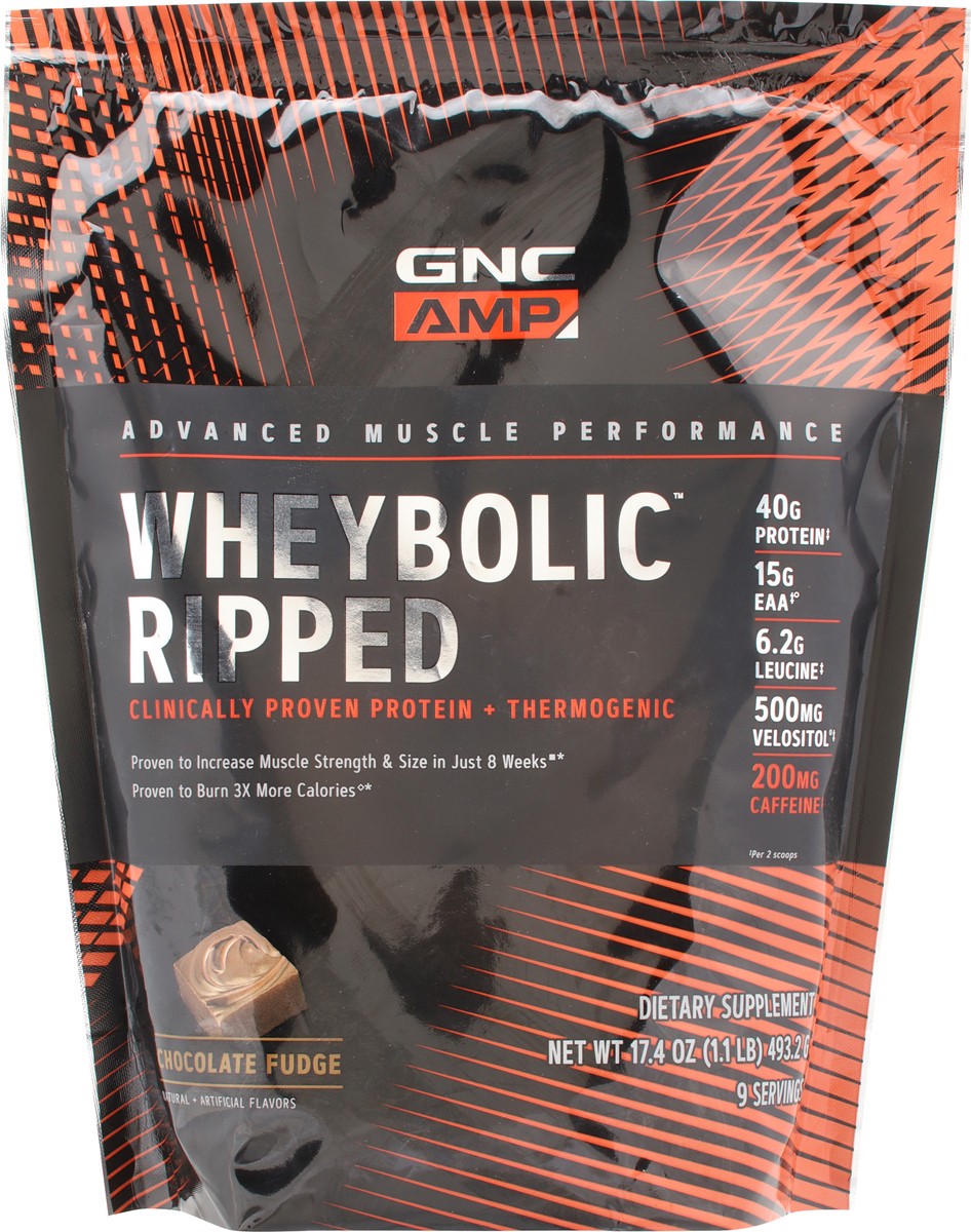 slide 6 of 9, GNC AMP Wheybolic Ripped Chocolate Fudge Whey Protein 17.4 oz, 17.4 oz