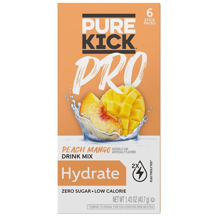 slide 1 of 3, Pure Kick Powder Drink Mix Peach Mango, 6 ct