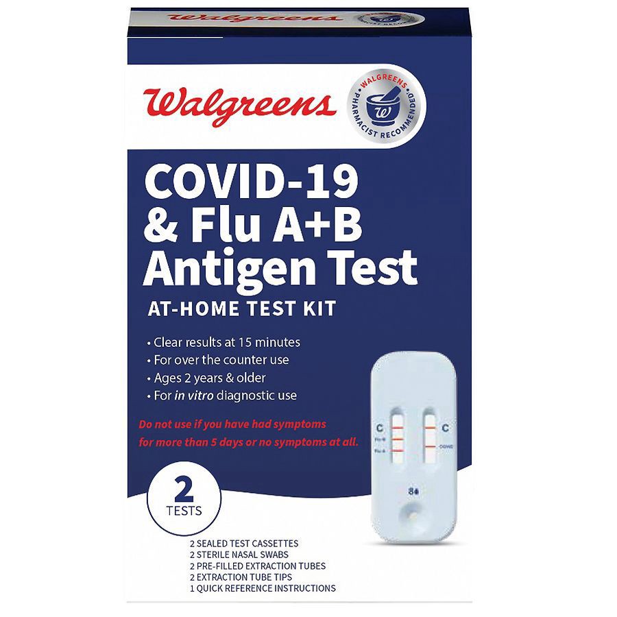 slide 1 of 5, Walgreens COVID-19 & Flu A+B Antigen Test, 2 ct