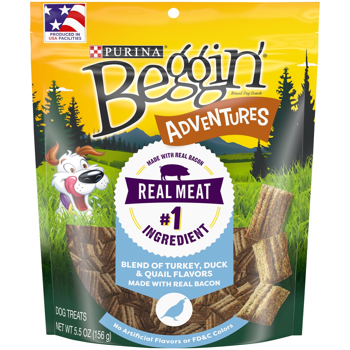 slide 1 of 1, Purina Beggin' Made in USA Facilities Dog Treats, Adventures Blend of Turkey, Duck & Quail Flavors Pouch, 5.85 oz