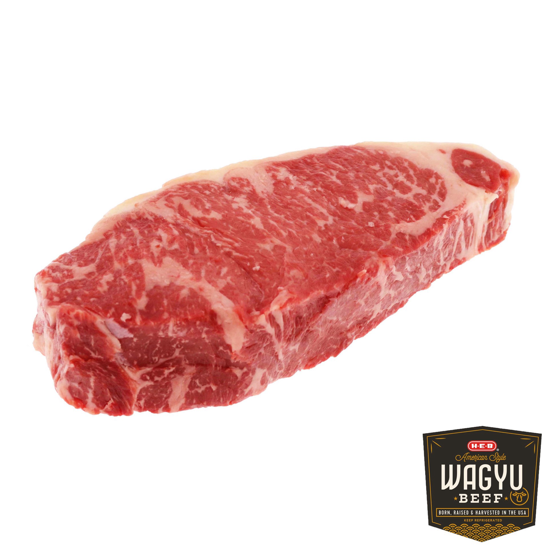 slide 1 of 1, H-E-B American Style Wagyu Beef NY Strip Steak, Boneless, 1 ct