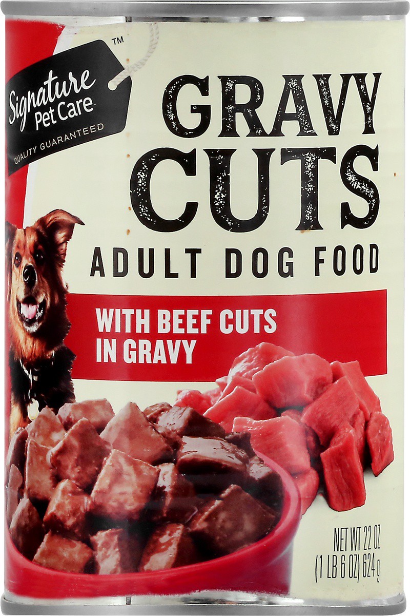 slide 2 of 9, Signature Pet Care Adult Gravy Cuts Beef Cuts in Gravy Dog Food 22 oz, 22 oz