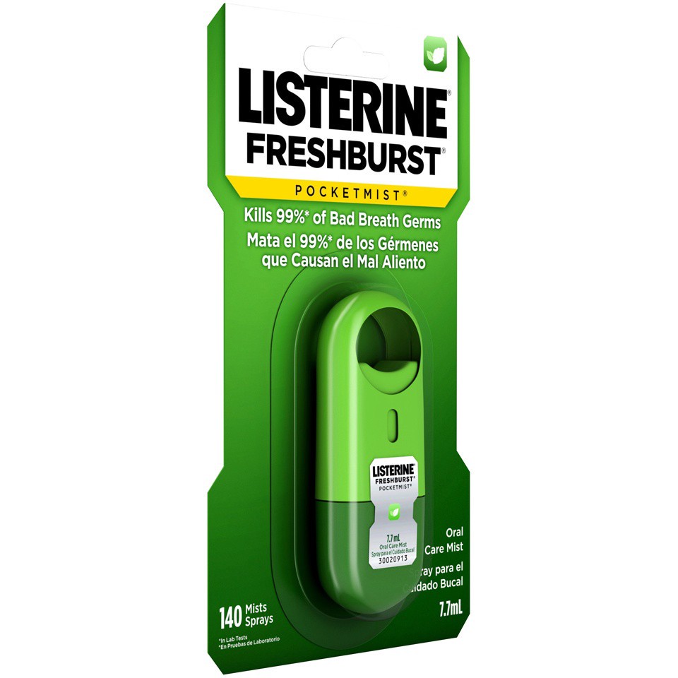 slide 6 of 6, Listerine Freshburst Pocketmist Fresh Breath Oral Care Mist, Non-Aerosol Sugar-Free Minty Breath Refresher Spray to Kill 99% of Bad Breath Germs, Portable, Spearmint Flavor, 7.7 mL, 7.7 ml