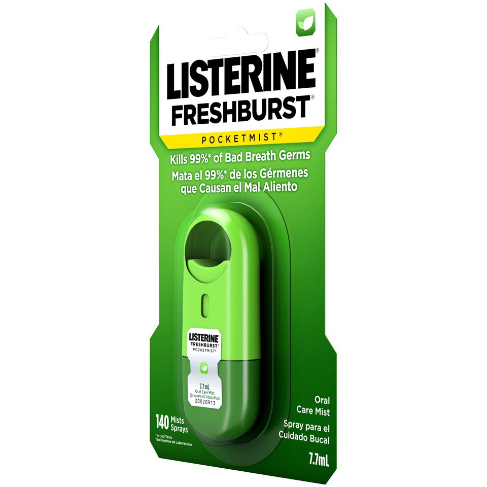 slide 2 of 6, Listerine Freshburst Pocketmist Fresh Breath Oral Care Mist, Non-Aerosol Sugar-Free Minty Breath Refresher Spray to Kill 99% of Bad Breath Germs, Portable, Spearmint Flavor, 7.7 mL, 7.7 ml