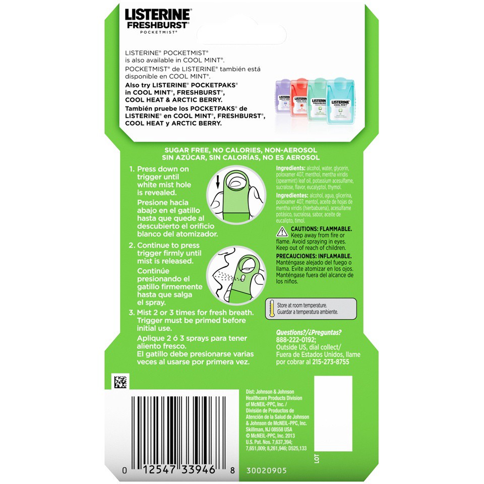 slide 4 of 6, Listerine Freshburst Pocketmist Fresh Breath Oral Care Mist, Non-Aerosol Sugar-Free Minty Breath Refresher Spray to Kill 99% of Bad Breath Germs, Portable, Spearmint Flavor, 7.7 mL, 7.7 ml