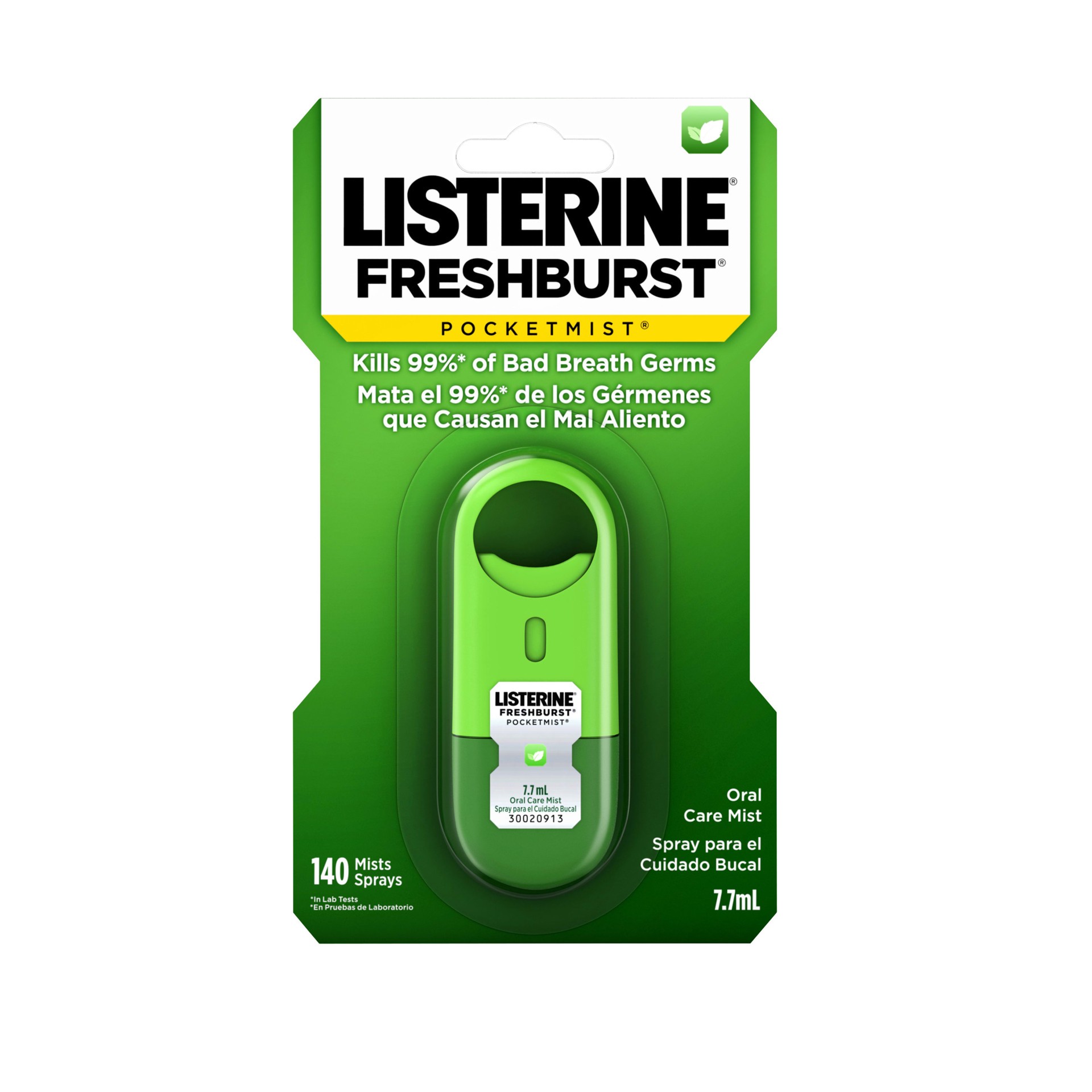 slide 1 of 6, Listerine Freshburst Pocketmist Fresh Breath Oral Care Mist, Non-Aerosol Sugar-Free Minty Breath Refresher Spray to Kill 99% of Bad Breath Germs, Portable, Spearmint Flavor, 7.7 mL, 7.7 ml