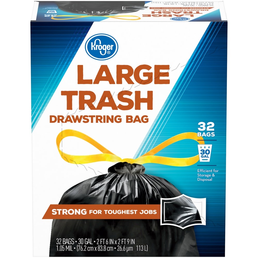 slide 1 of 1, Kroger Large 30 Gallon Drawstring Trash Bags, 32 ct
