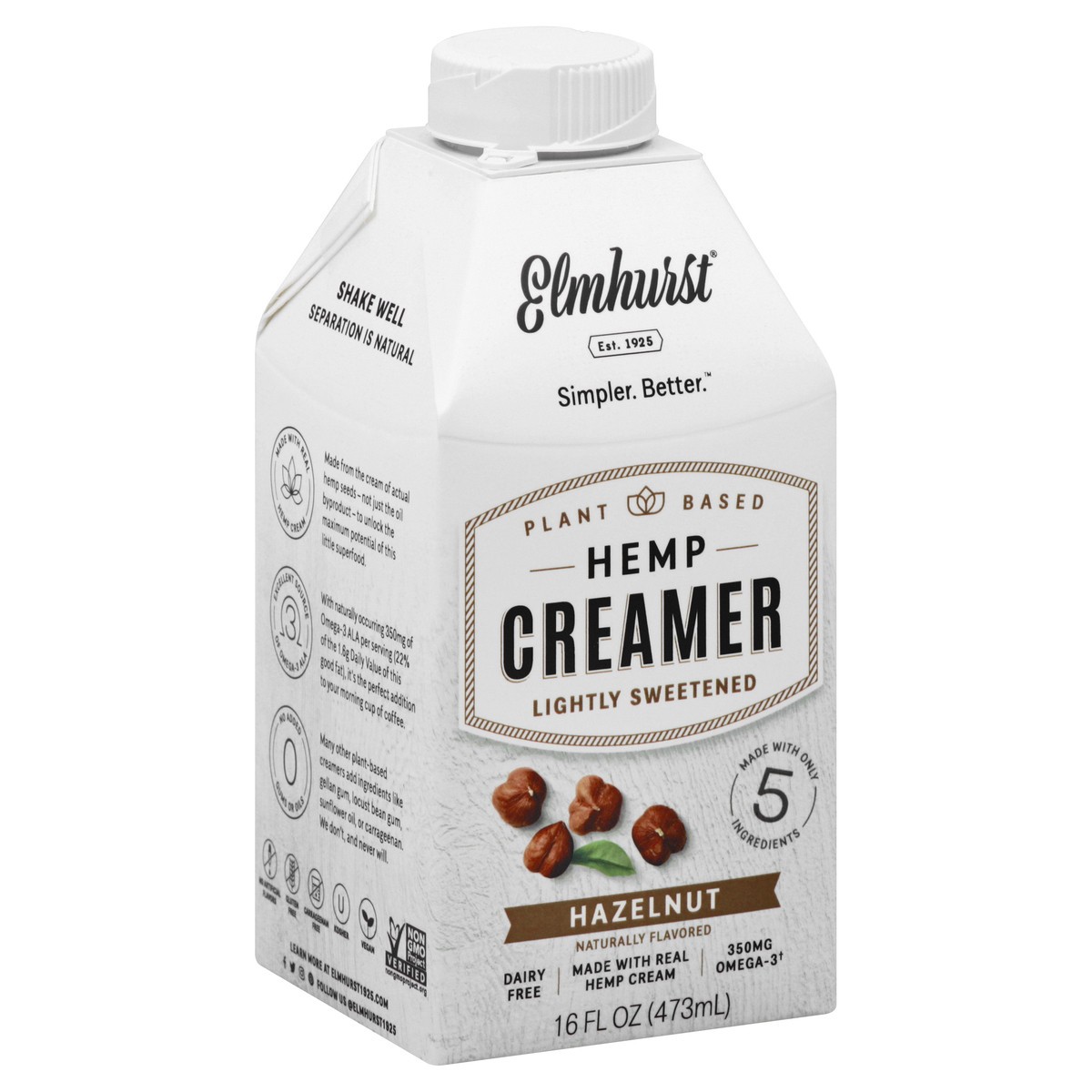 slide 12 of 13, Elmhurst Hemp Creamer, Slightly Sweetened, Hazelnut, 16 oz