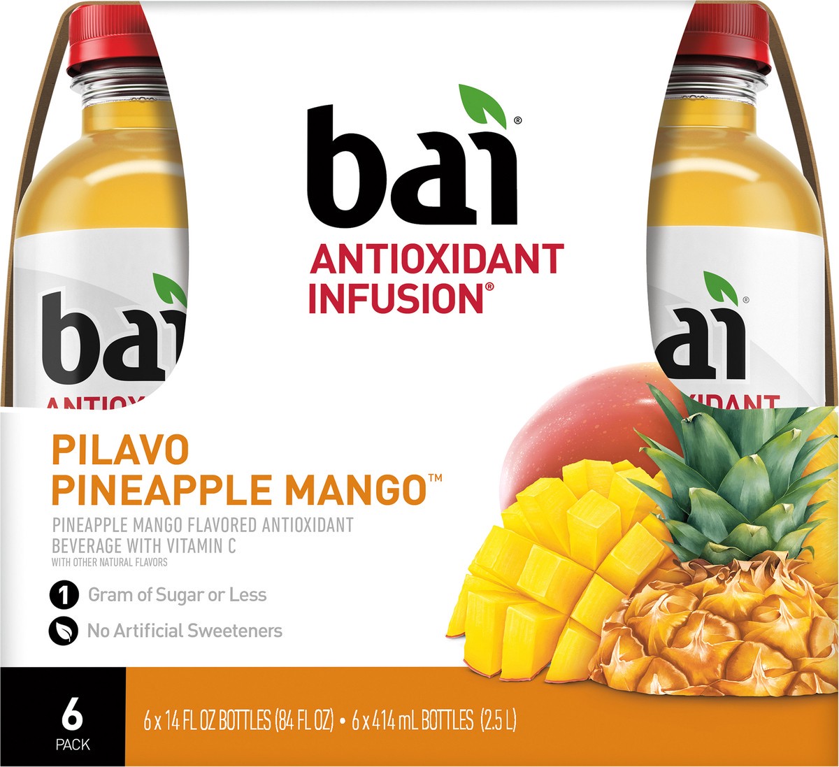 slide 4 of 7, Bai Pilavo Pineapple Mango, Antioxidant Infused Beverage, 14 Fl Oz Bottles, 6 Pack, 14 oz