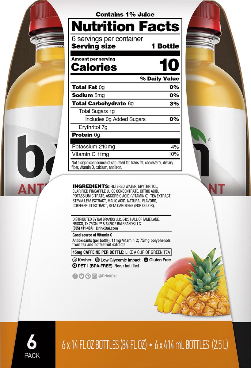 slide 7 of 7, Bai Pilavo Pineapple Mango, Antioxidant Infused Beverage, 14 Fl Oz Bottles, 6 Pack, 14 oz