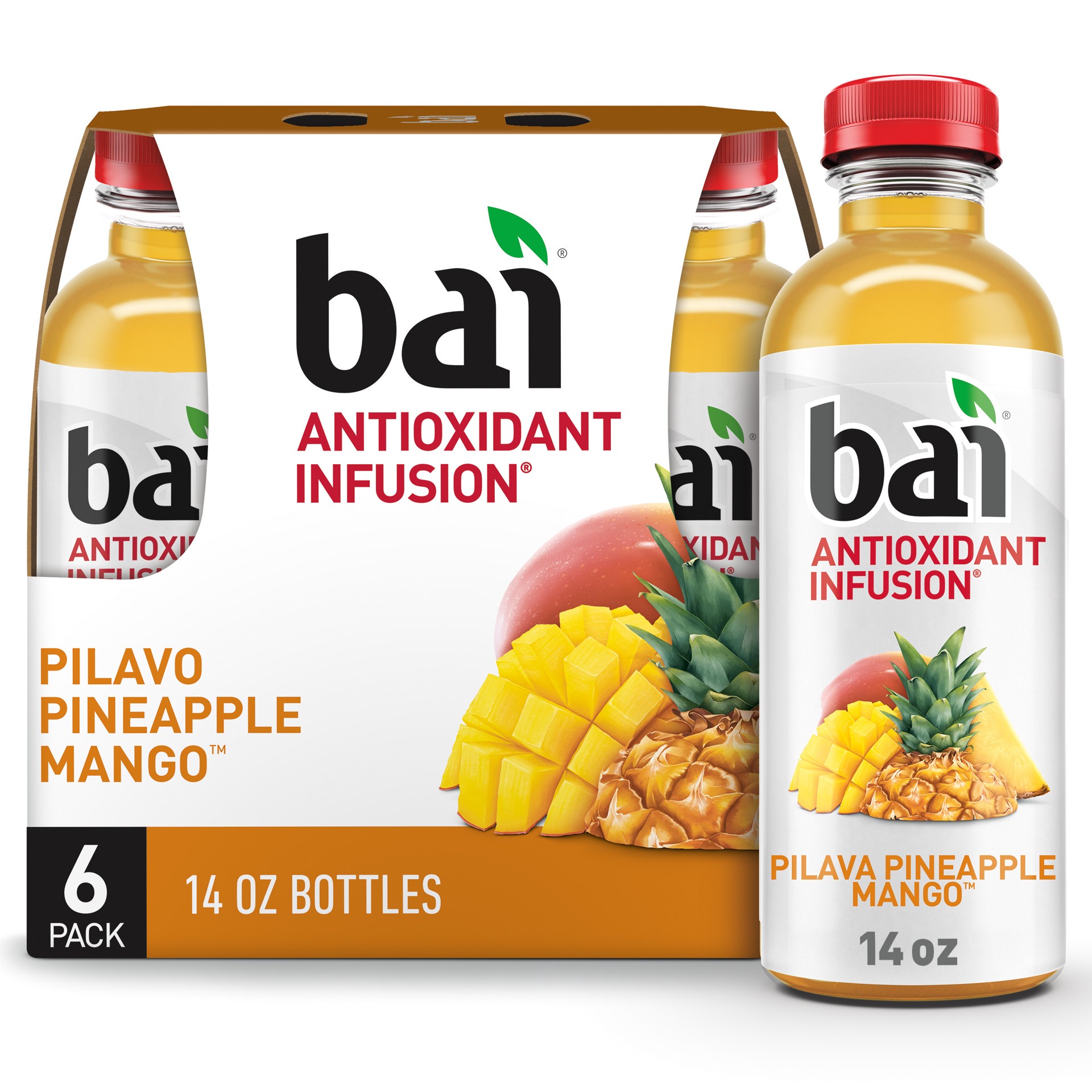 slide 1 of 7, Bai Pilavo Pineapple Mango, Antioxidant Infused Beverage, 14 Fl Oz Bottles, 6 Pack, 14 oz