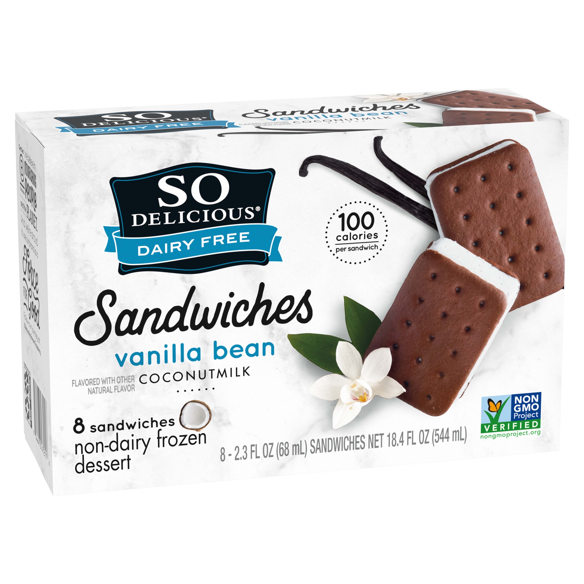 slide 3 of 5, So Delicious Dairy Free Coconut Milk Frozen Dessert Sandwich, Vanilla Bean, Vegan, Non-GMO Project Verified, 8 Pack, 1 fl oz