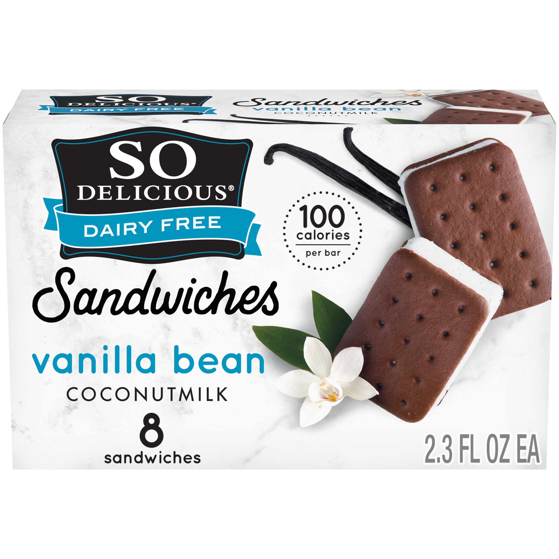 slide 1 of 5, So Delicious Dairy Free Coconut Milk Frozen Dessert Sandwich, Vanilla Bean, Vegan, Non-GMO Project Verified, 8 Pack, 1 fl oz