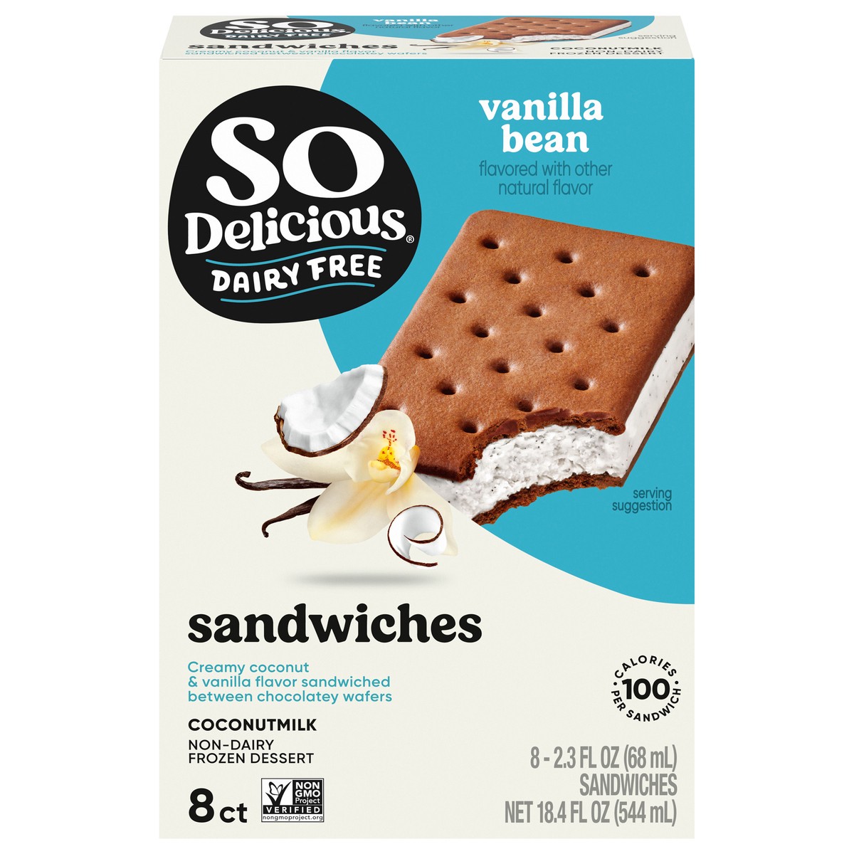 slide 1 of 5, So Delicious Coconut Milk Frozen Dessert Sandwiches, Vanilla Bean, Dairy Free, Vegan, Non-GMO, Kosher, 8 Count Pack, 8 ct