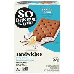 So Delicious Coconut Milk Frozen Dessert Sandwiches, Vanilla Bean, Dairy Free, Vegan Ice Cream Sandwich Alternative, Non-GMO, Kosher, 8 Count