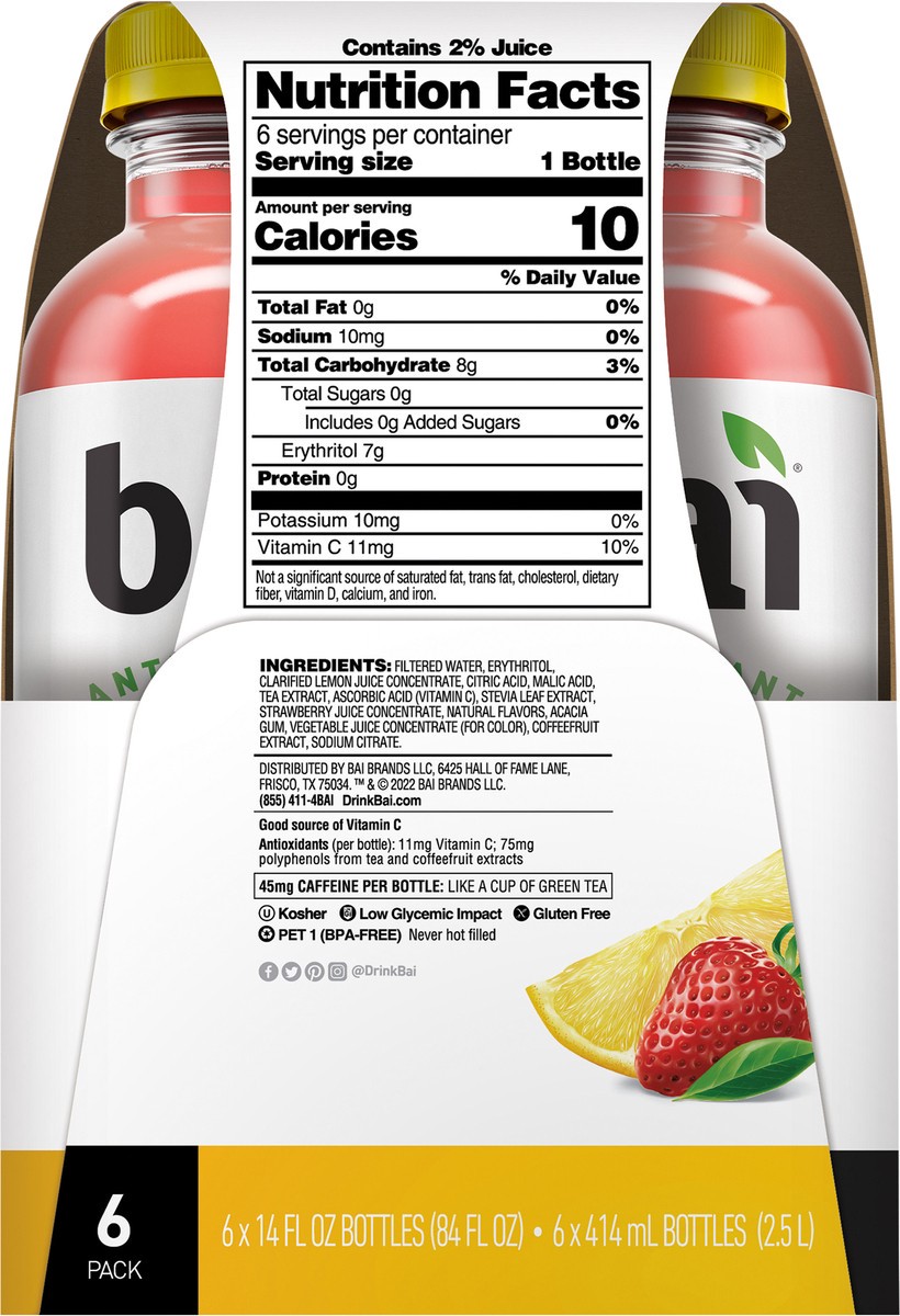 slide 7 of 7, Bai Sao Paulo Strawberry Lemonade, Antioxidant Infused Beverage, 14 Fl Oz Bottles, 6 Pack, 6 ct; 14 oz