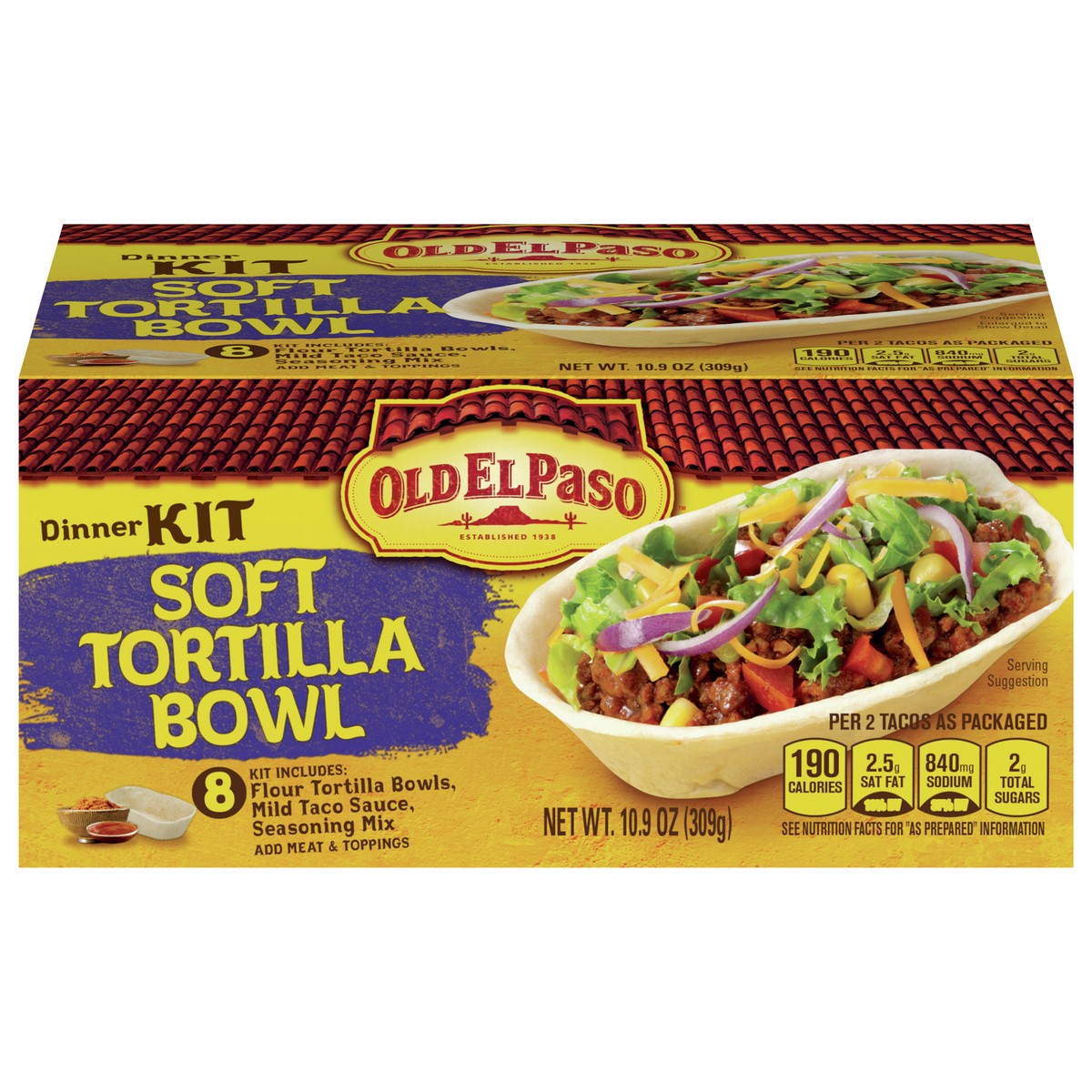 slide 1 of 9, Old El Paso Soft Tortilla Bowl Taco Dinner Kit With Mild Taco Sauce & Seasoning Mix, 10.9 oz., 10.90 ct