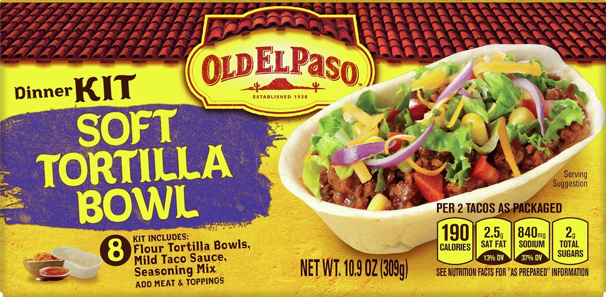 slide 7 of 9, Old El Paso Soft Tortilla Bowl Taco Dinner Kit With Mild Taco Sauce & Seasoning Mix, 10.9 oz., 10.90 ct