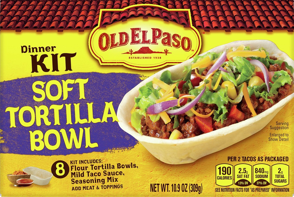 slide 2 of 9, Old El Paso Soft Tortilla Bowl Taco Dinner Kit With Mild Taco Sauce & Seasoning Mix, 10.9 oz., 10.90 ct