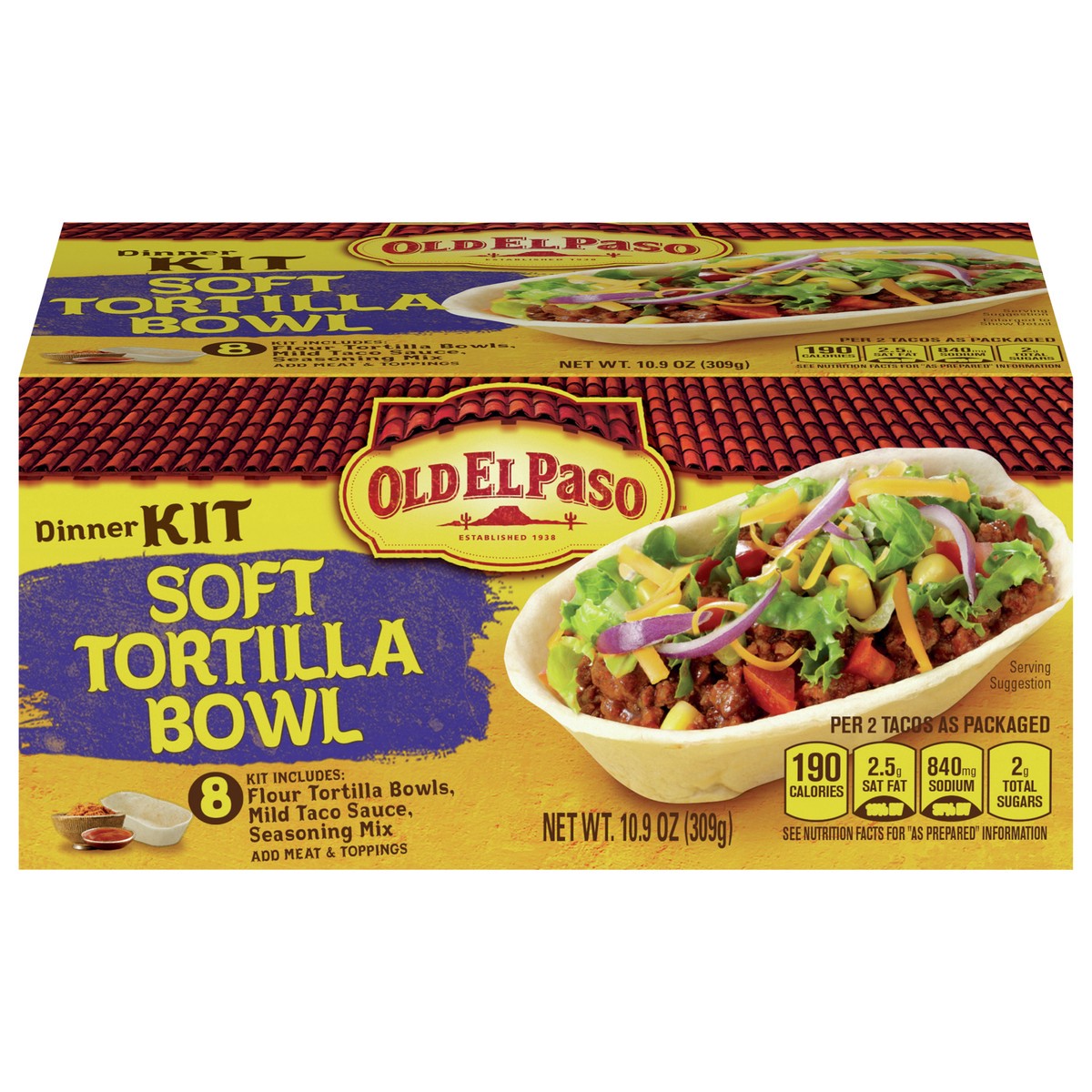 slide 1 of 9, Old El Paso Soft Tortilla Bowl Taco Dinner Kit With Mild Taco Sauce & Seasoning Mix, 10.9 oz., 10.9 oz